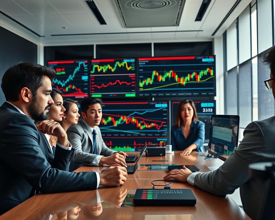 A dynamic stock market analysis scene capturing the emotional aspects of investing. In the foreground, a diverse group of four professionals in business attire—two men and two women—are gathered around a modern conference table, intensely analyzing stock charts displayed on digital screens. The expressions on their faces range from focused determination to anxious contemplation, reflecting the highs and lows of market emotions. In the middle ground, various stock market graphs and charts are projected on translucent screens, showcasing fluctuating trends in vibrant colors. The background features a sleek, contemporary office with floor-to-ceiling windows, allowing soft, natural daylight to illuminate the space, enhancing the sense of urgency and contemplation in the atmosphere. The overall mood is one of tension mixed with optimism, illustrating the emotional rollercoaster of investing.