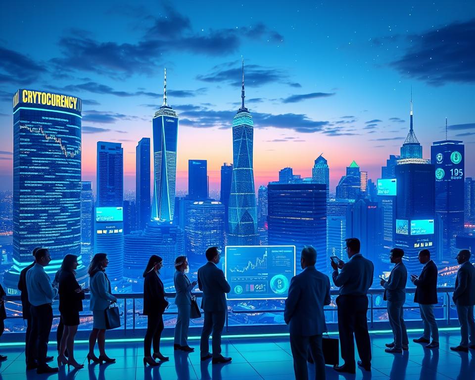 A futuristic city skyline bathed in a radiant glow of blue and green neon lights, representing the digital world of cryptocurrency. In the foreground, a diverse group of professionals dressed in smart business attire, engaged in discussions while examining holographic displays of cryptocurrency charts and data. The middle ground features modern buildings adorned with digital screens showcasing rising trends and blockchain technology visuals. In the background, a twilight sky dotted with stars and digital currency symbols, highlighting innovation and the potential future of digital finance. A dynamic atmosphere of growth, collaboration, and optimism radiates throughout the scene, captured from a slightly elevated angle to emphasize the bustling activity below. Soft, ambient lighting enhances the tech-forward ambiance of this cryptocurrency utopia. A futuristic city skyline bathed in a radiant glow of blue and green neon lights, representing the digital world of cryptocurrency. In the foreground, a diverse group of professionals dressed in smart business attire, engaged in discussions while examining holographic displays of cryptocurrency charts and data. The middle ground features modern buildings adorned with digital screens showcasing rising trends and blockchain technology visuals. In the background, a twilight sky dotted with stars and digital currency symbols, highlighting innovation and the potential future of digital finance. A dynamic atmosphere of growth, collaboration, and optimism radiates throughout the scene, captured from a slightly elevated angle to emphasize the bustling activity below. Soft, ambient lighting enhances the tech-forward ambiance of this cryptocurrency utopia.