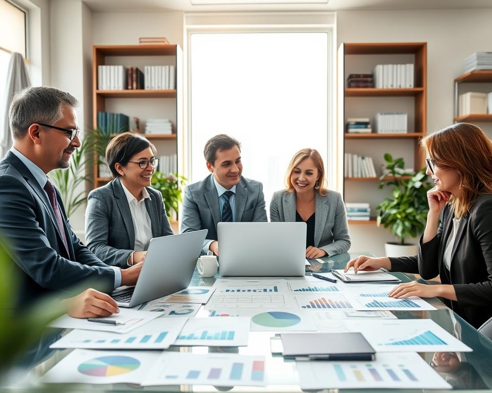 A serene office environment highlighting the concept of retirement planning. In the foreground, a diverse group of four professionals—two men and two women—are gathered around a modern conference table filled with graphs, charts, and a laptop displaying financial modeling software. They are dressed in professional business attire, engaging in an animated discussion, with expressions of focus and determination. In the middle, a large window reveals a bright morning skyline, symbolizing hope and future opportunities. The background features shelves filled with books on finance and planning, with plants adding a touch of warmth. Soft, natural light floods the room, creating an inviting and motivational atmosphere, while a slight blur gives depth. The overall mood reflects optimism and proactive planning for a financially secure retirement.