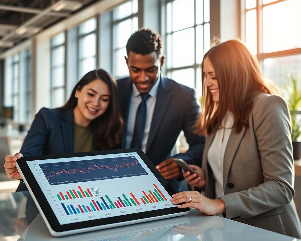 A visually engaging representation of index fund investing, featuring a diverse group of three professionals in business attire, deeply engaged in a discussion around a large digital tablet displaying financial charts and data. In the foreground, the tablet showcases colorful graphs illustrating rising trends in index funds. In the middle ground, the professionals, consisting of an Asian woman, a Black man, and a Caucasian woman, are animatedly sharing insights, their expressions reflecting curiosity and collaboration. The background includes a modern office setting with sunlight streaming through large windows, casting soft shadows and creating an inviting atmosphere. Use a wide-angle lens perspective to capture the depth of the scene, enhancing the professional mood of teamwork and learning.
