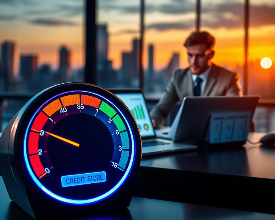 A visually striking representation of credit scores in a professional setting. In the foreground, a sleek, modern credit score gauge displays a vibrant, multi-colored dial indicating various score ranges, glowing with soft, dynamic light. In the middle, an organized desk features a laptop open to a financial dashboard, with charts and graphs illustrating credit trends. A professional-looking individual, dressed in business attire, examines the data with a thoughtful expression. In the background, a blurred city skyline at sunset adds depth, with warm golden and cool blue hues creating a harmonious atmosphere. The scene evokes a sense of confidence and financial empowerment, symbolizing the importance of maintaining a good credit score.